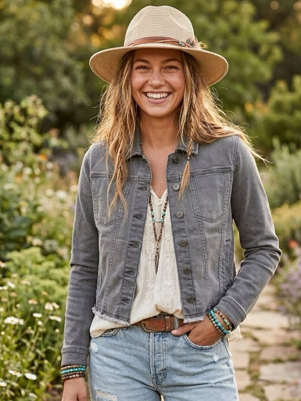 Susan Graver Gray Stretch Denim Jacket L with Frayed Hem Boho Chic